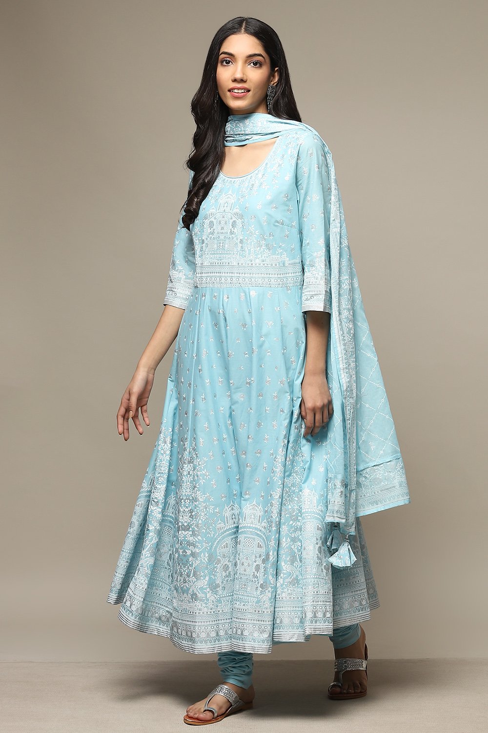 Powder Blue Cotton Anarkali Kurta Churidar Suit Set image number 5