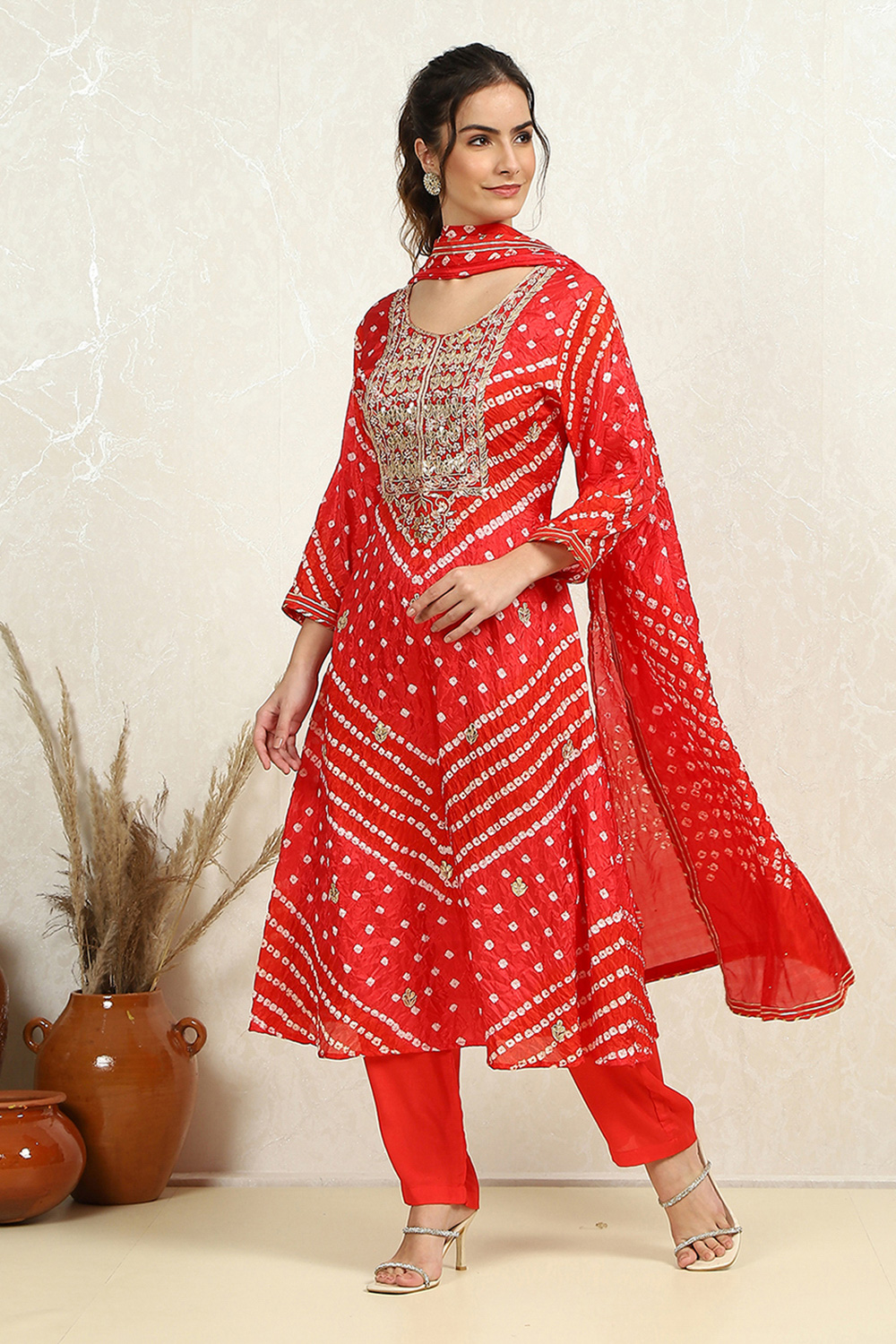 Orange Silk Blend Bandhej Unstitched Suit Set image number 5