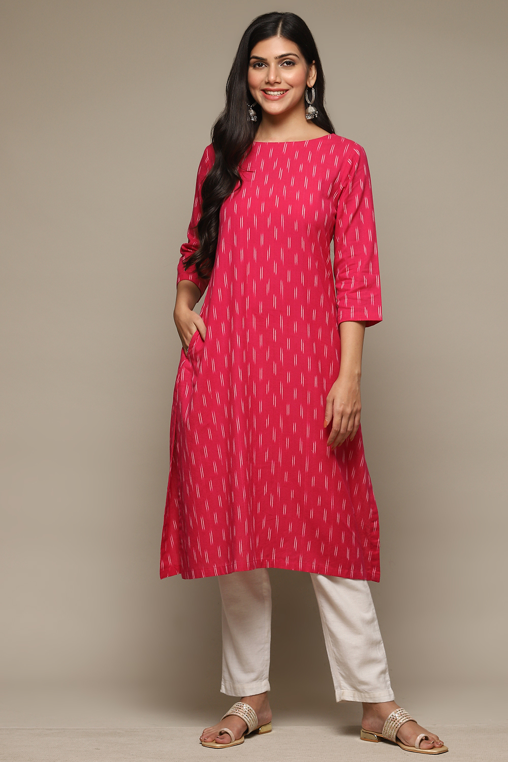 Fuschia Cotton IKAT Straight Yarndyed Kurta image number 0