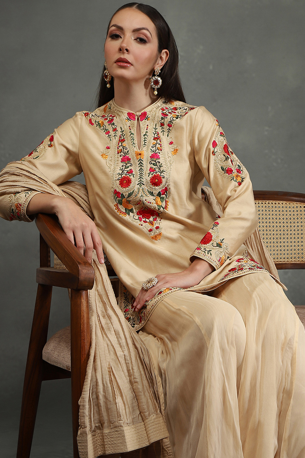 Rohit Bal Beige Silk Chanderi Floral Straight Suit Set image number 1