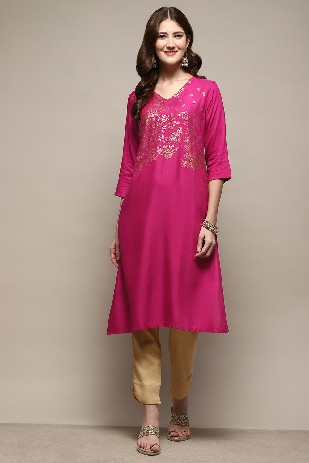 Fuschia Rayon A-Line Printed Kurta image number 5