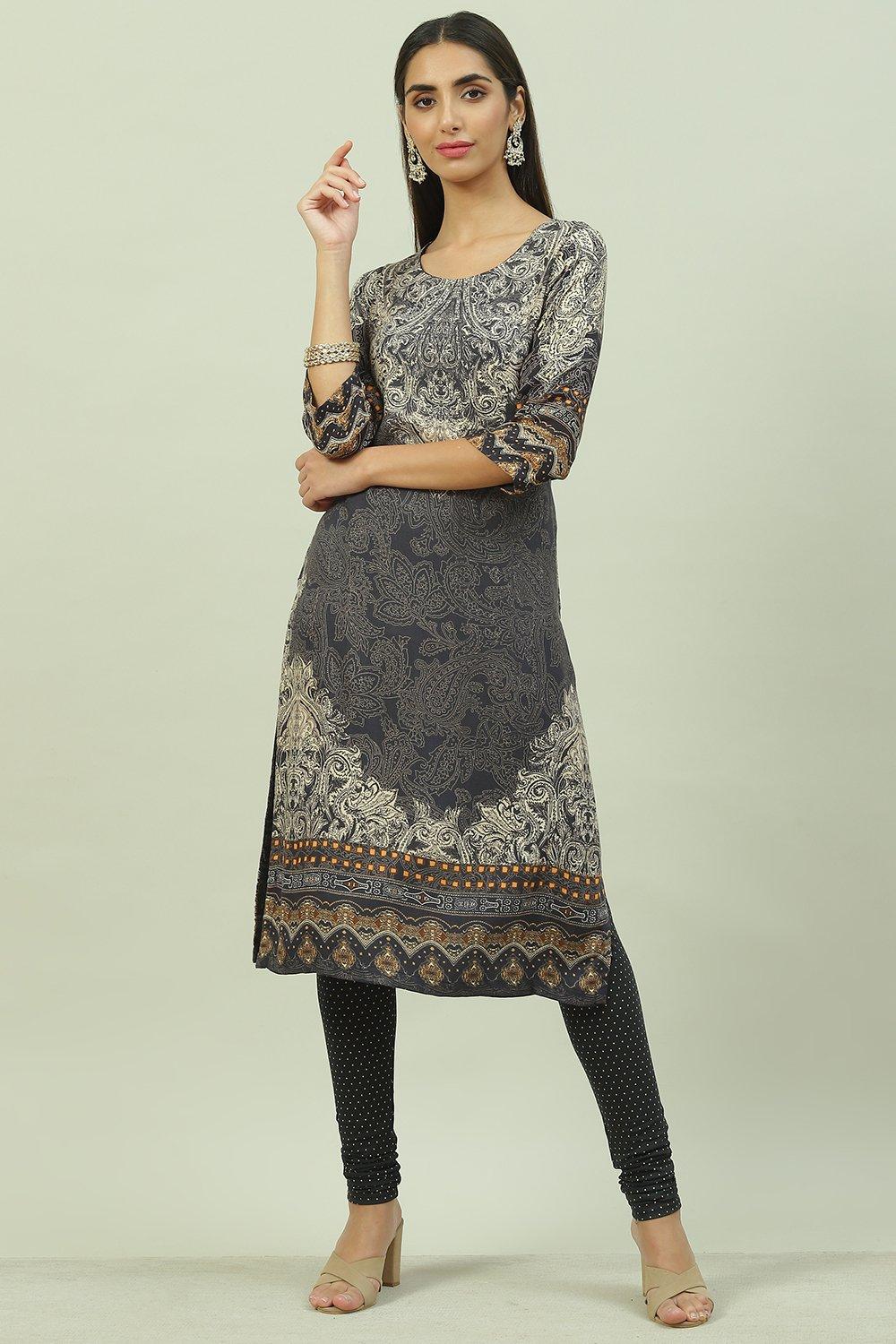 Black LIVA A-Line Printed Kurta image number 0