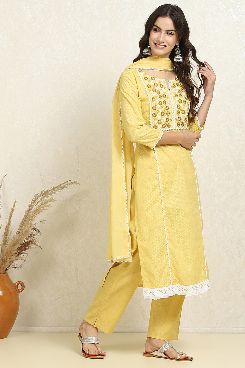 Yellow Cotton Handloom Unstitched Suit Set image number 6