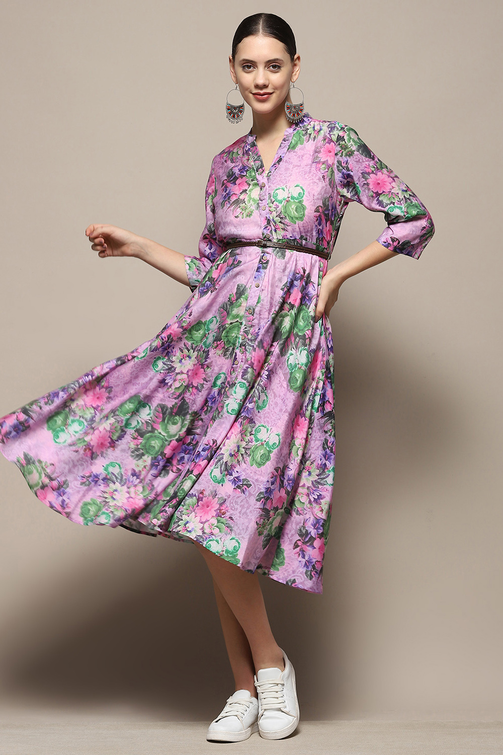 Purple Floral Block Printed A-line Dress image number 7