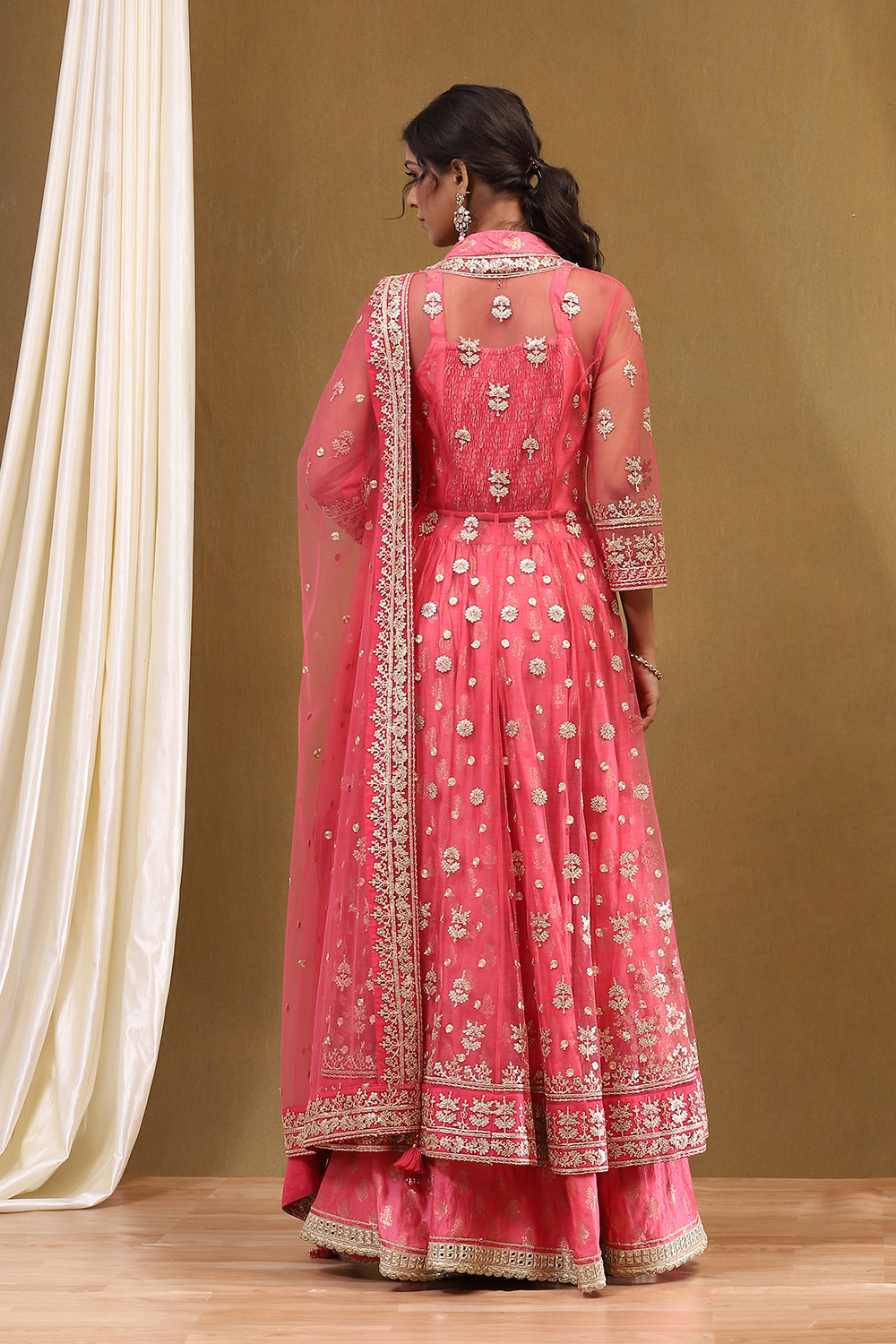 Pink Floral Butterfly Net Festive Anarkali Lehenga Set image number 7