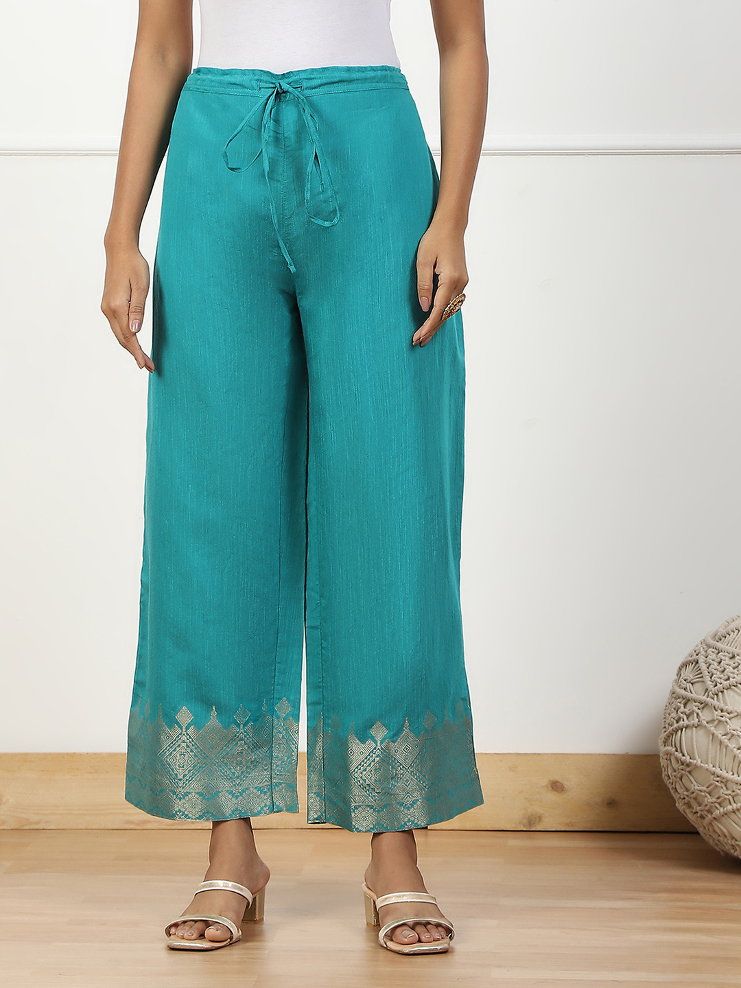 Blue Jacquard Palazzo Pants image number 4