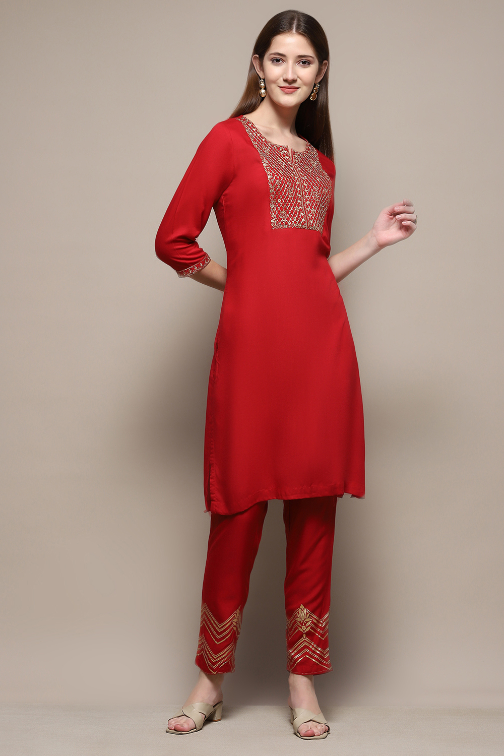 Red Rayon Straight Kurta Pant 2 Piece Set image number 0