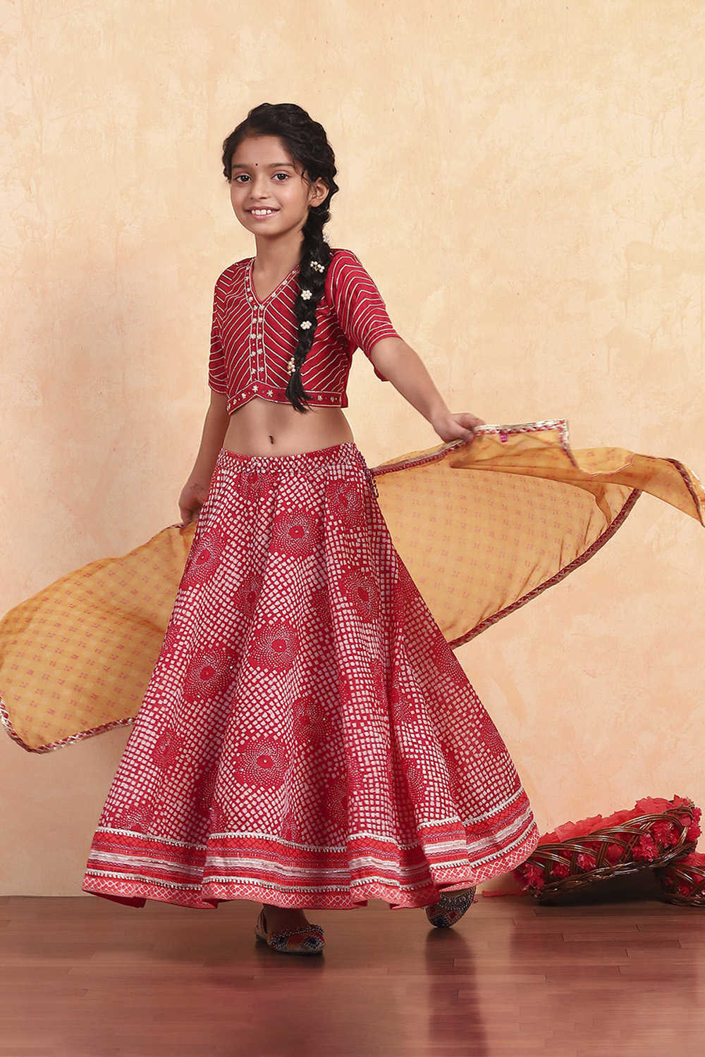 Red Poly Chanderi Blouse Lehenga Set image number 3