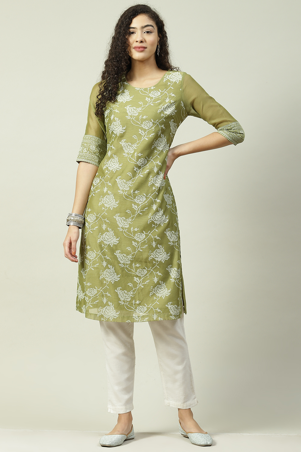 Green Art Silk Straight Printed Kurta image number 0