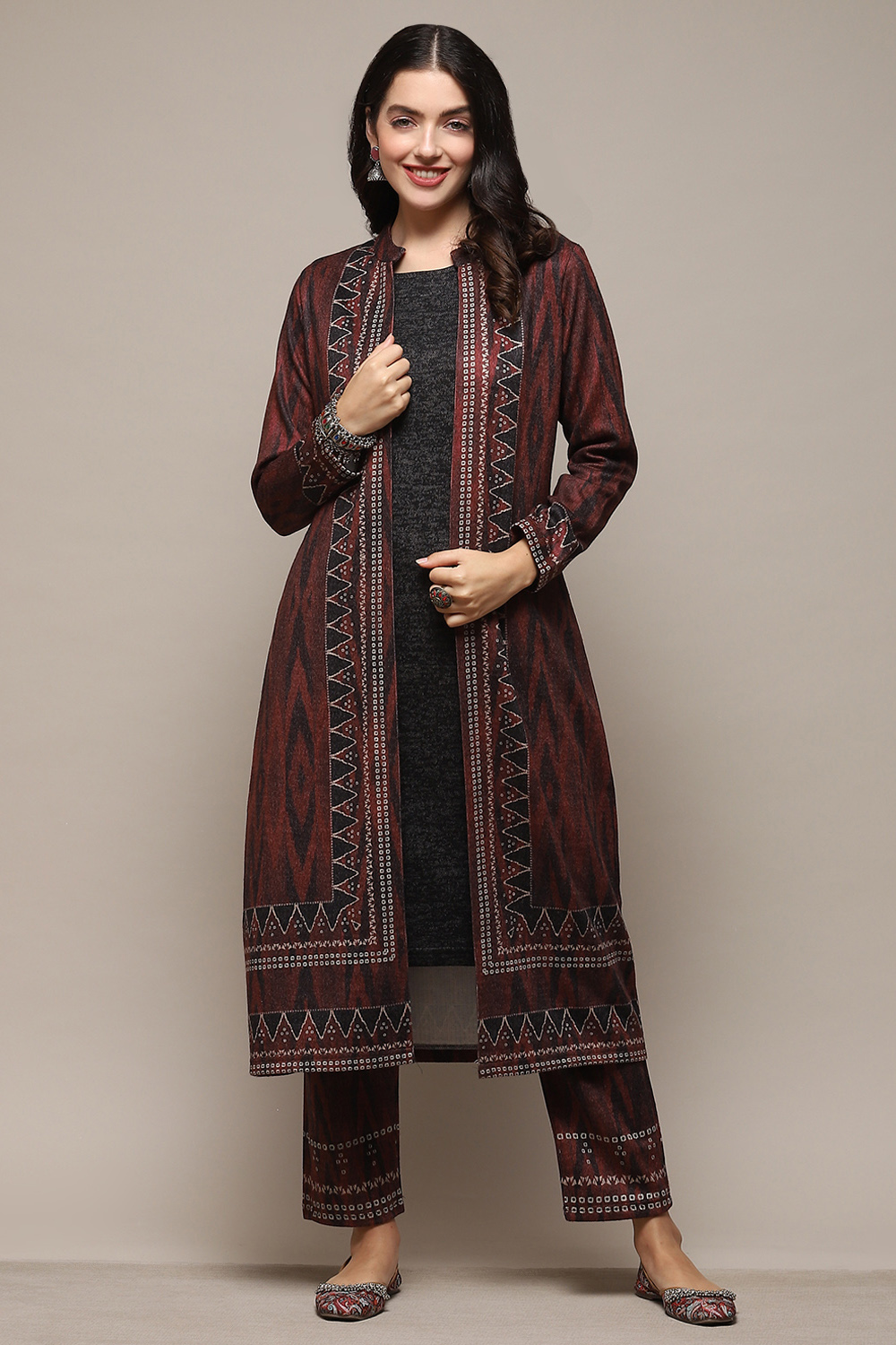 Black Polyester Straight Printed Kurta Pant Suit Set image number 6