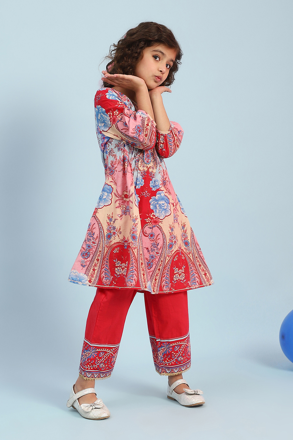 Pink and Blue Cotton Printed A-Line Kurta Set image number 5