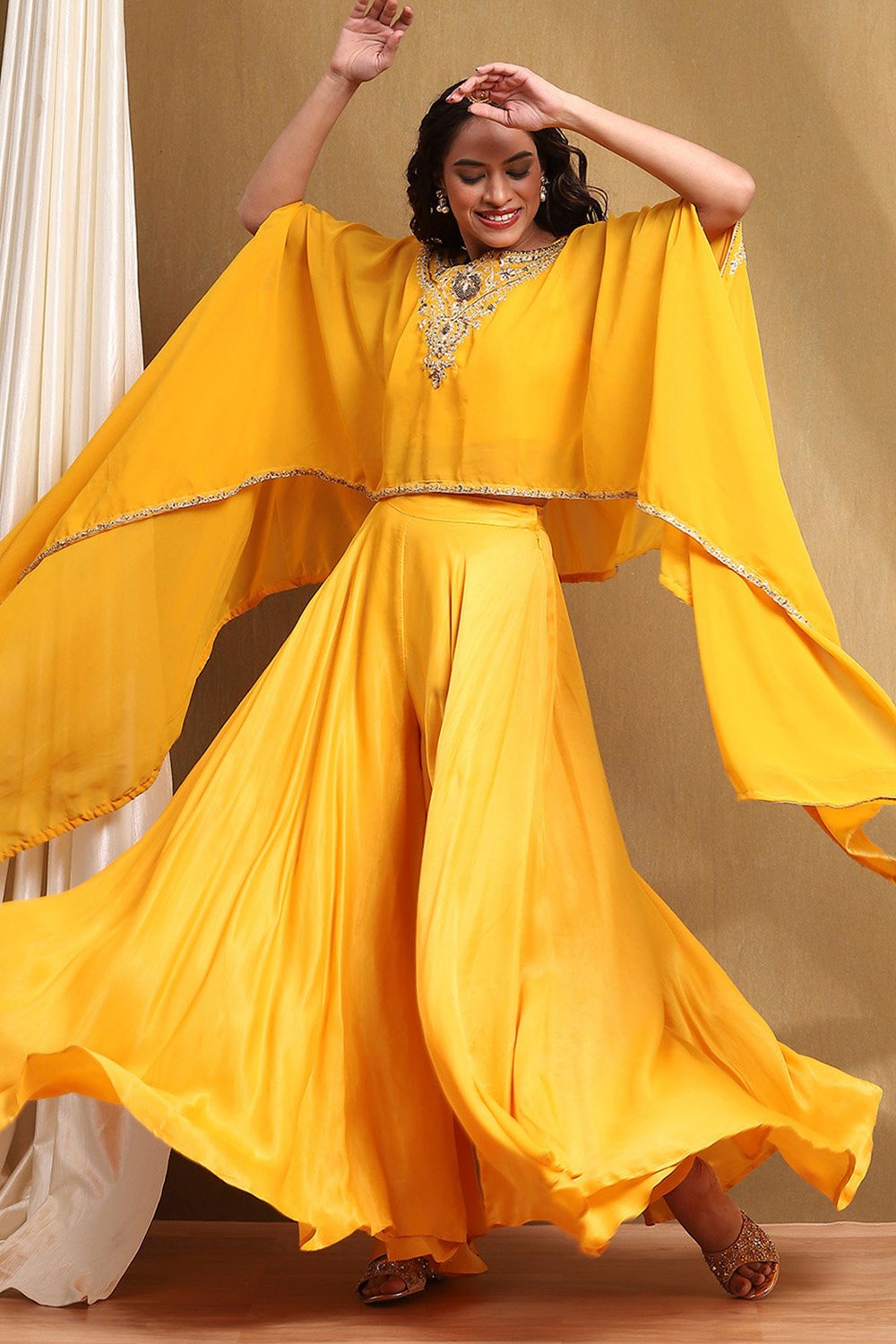 Yellow Viscose Blend Asymmetric Set image number 0