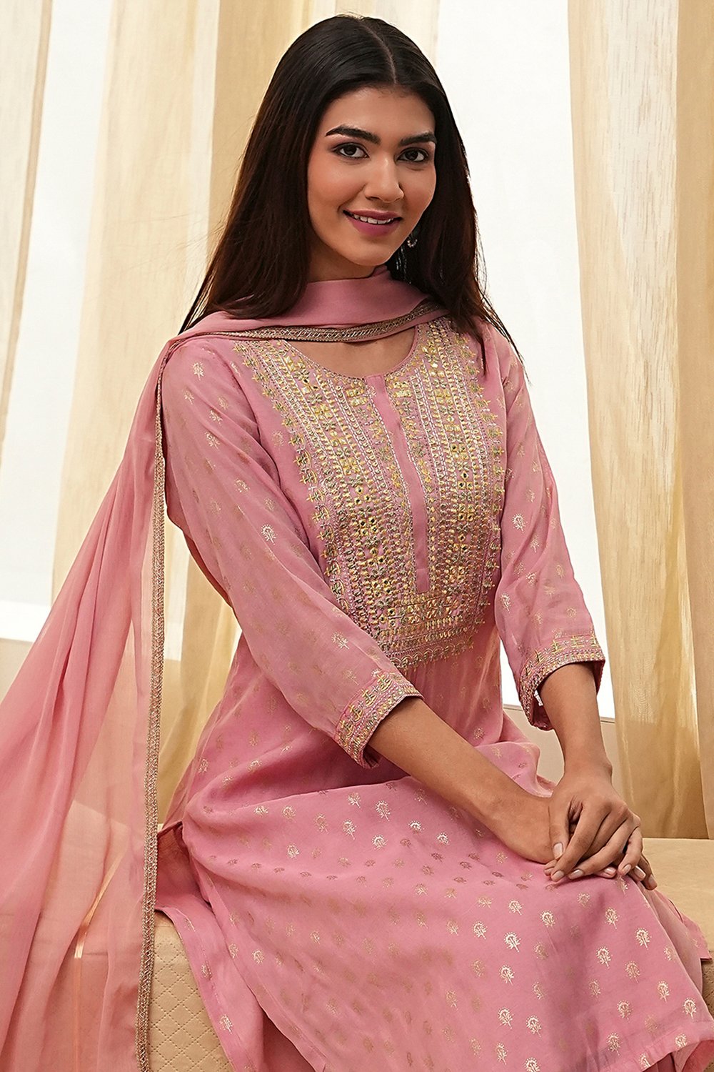 Dull Pink Embroidered Straight Suit Set image number 7