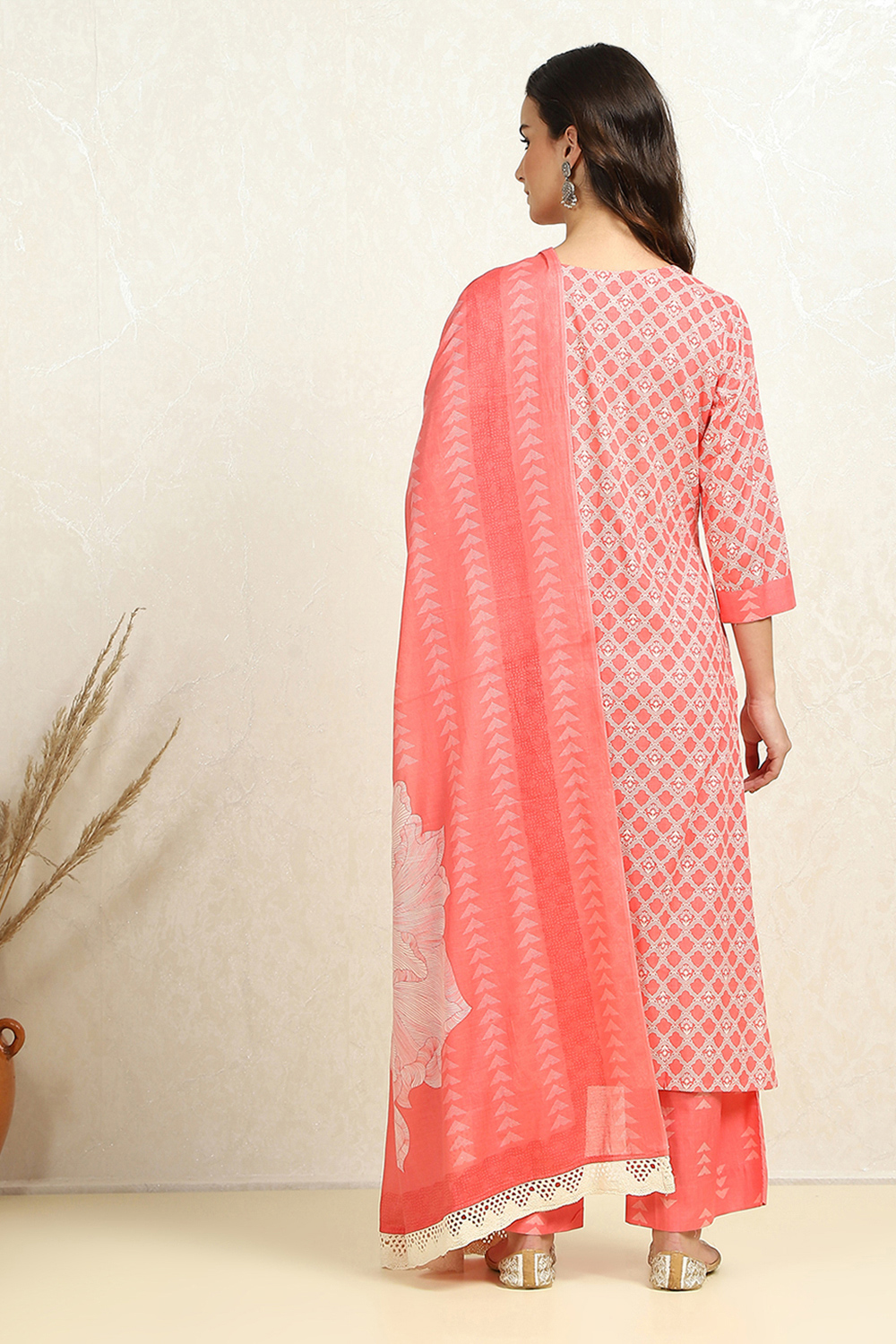 Pink Cotton Hand Block Print Unstitched Suit Set image number 5