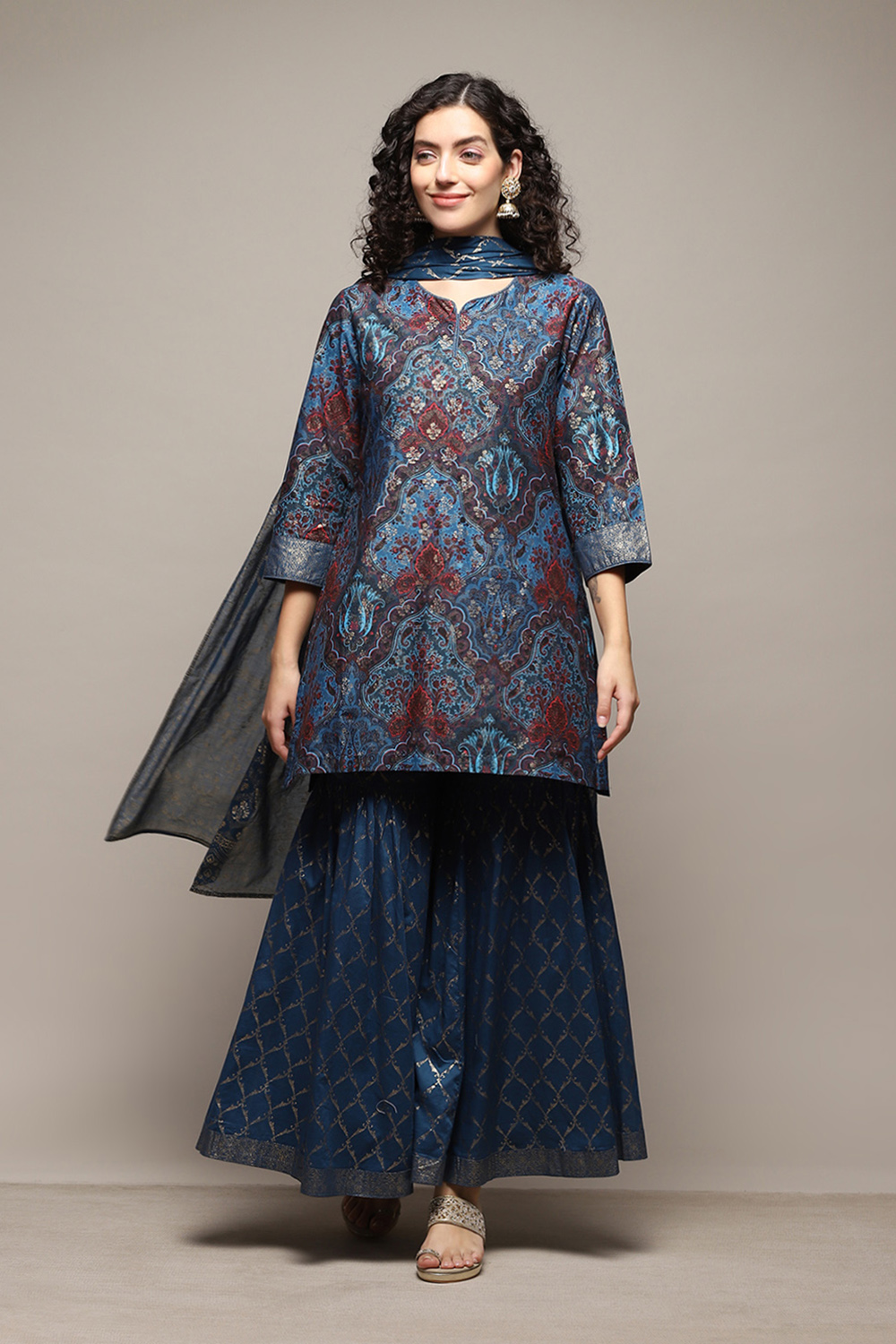 Teal Cotton Straight Kurta Sharara Suit Set image number 0