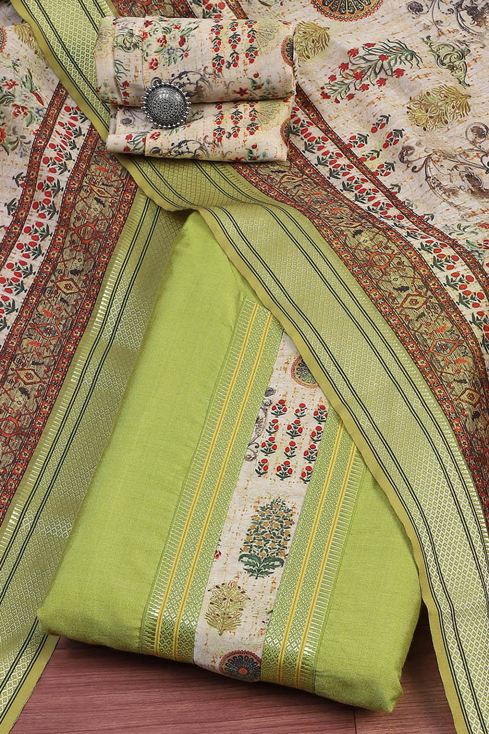 Green Cotton Handloom Unstitched Suit Set image number 0