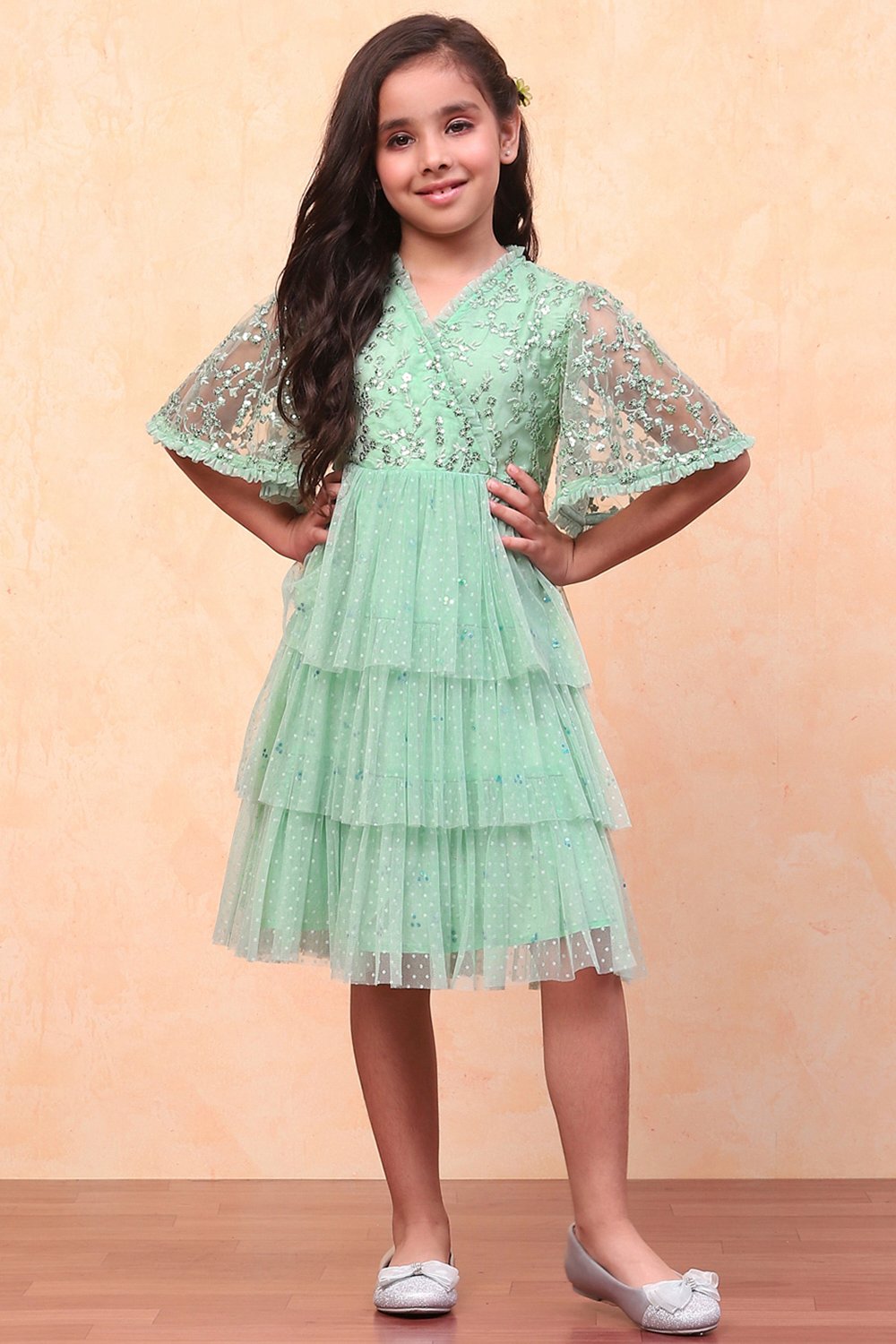 Mint Green Dobby Net Embellished Tiered Flared Dress image number 0