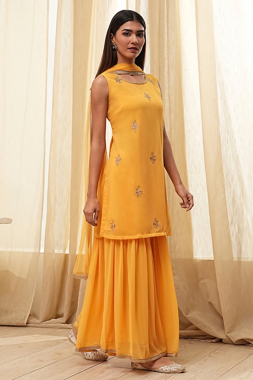 Ochre Yellow Embroidered Straight Suit Set image number 5