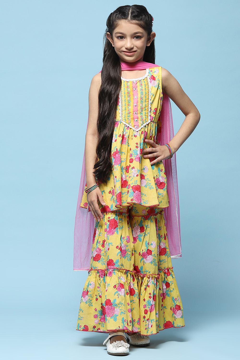 Yellow Cotton Peplum Kurta With Sharara & Net Dupatta image number 7