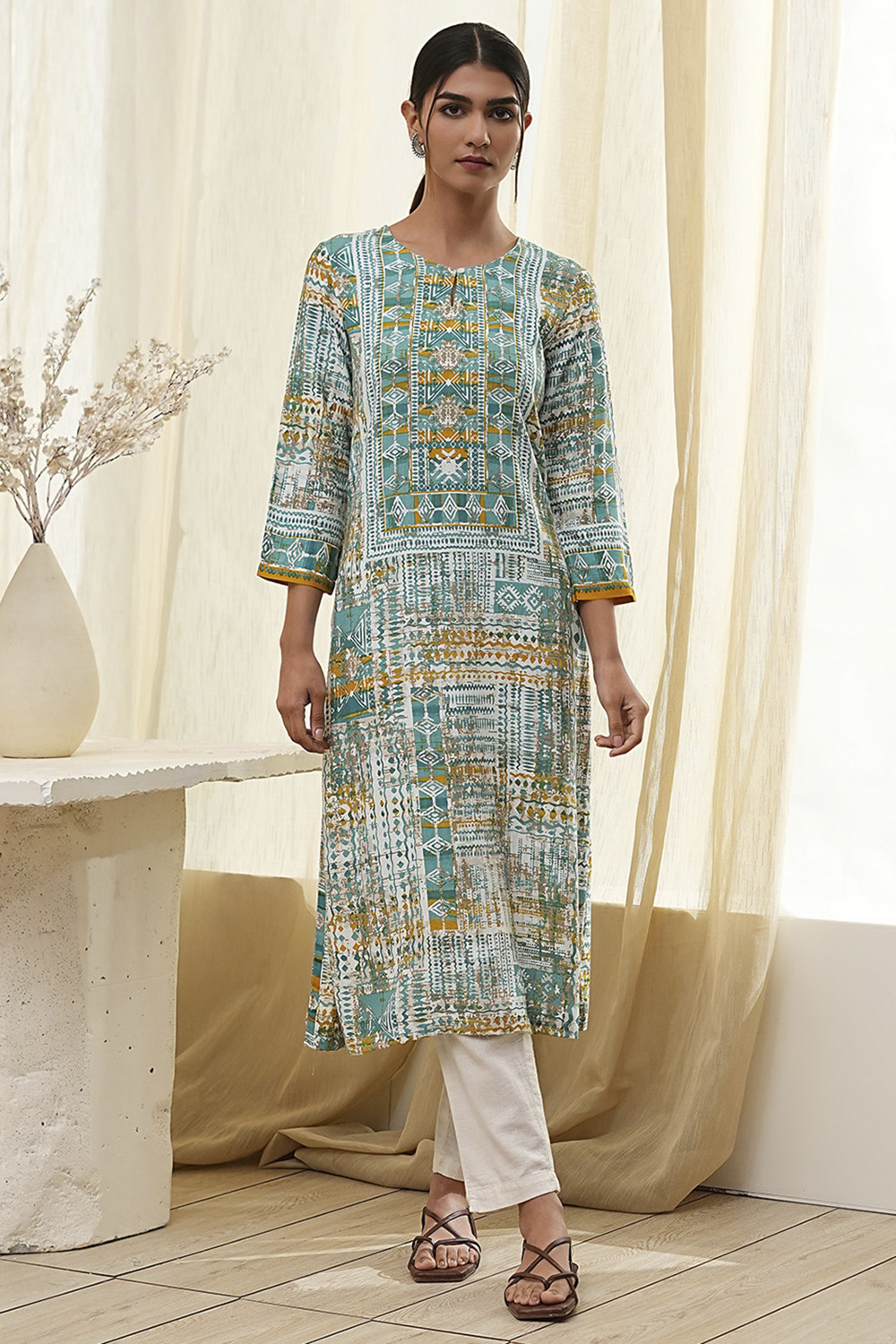 Teal Printed Straight Kurta image number 5