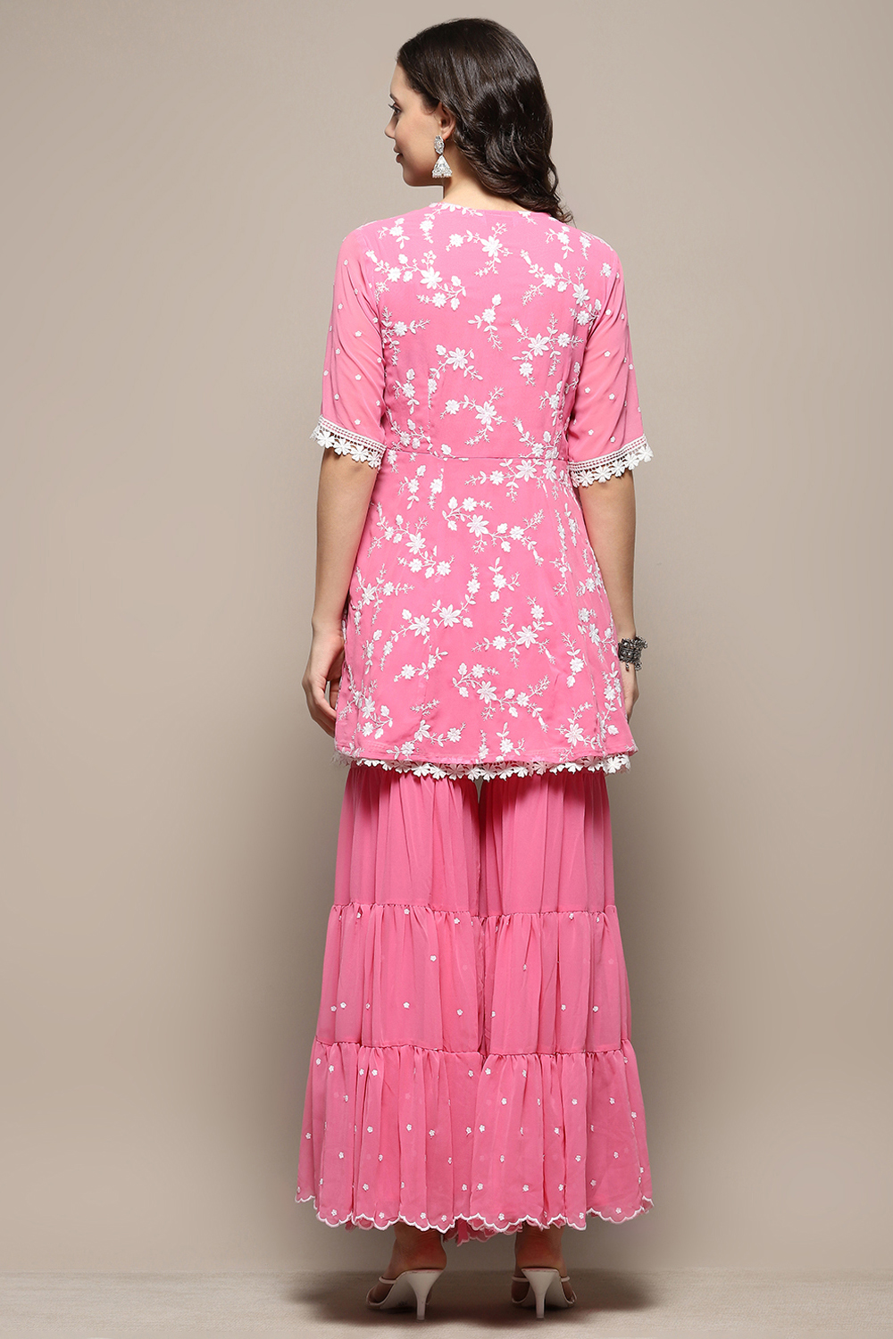 Pink Floral Embroidered A-Line Suit Set image number 5