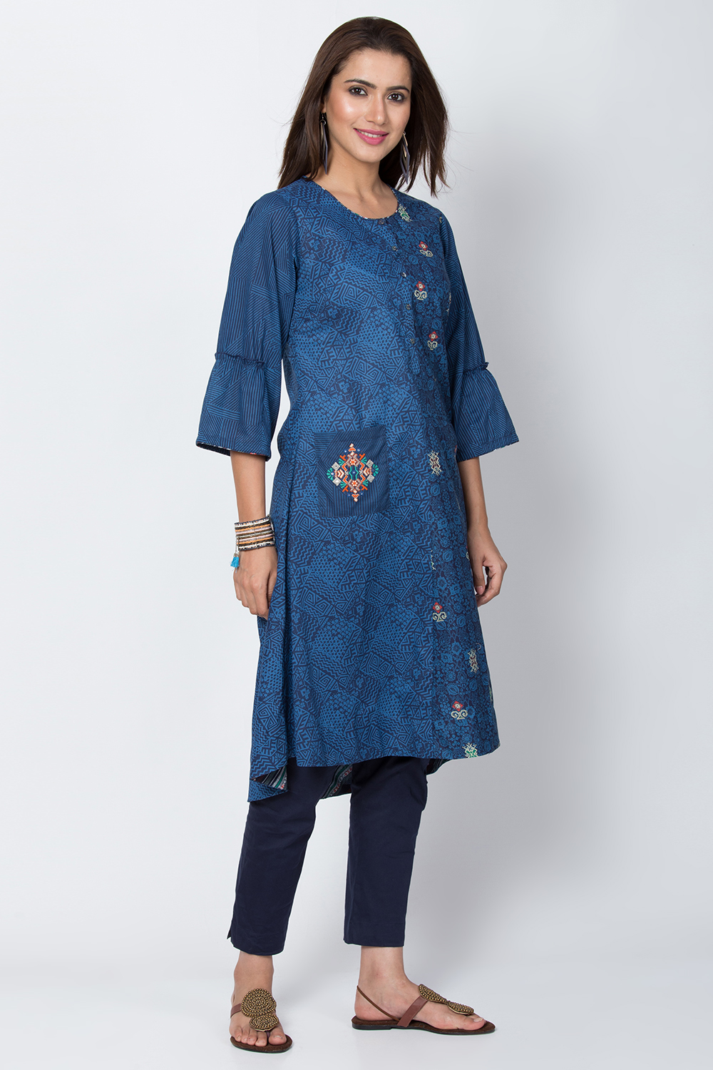 Indigo Cotton A-Line Printed Kurta image number 3