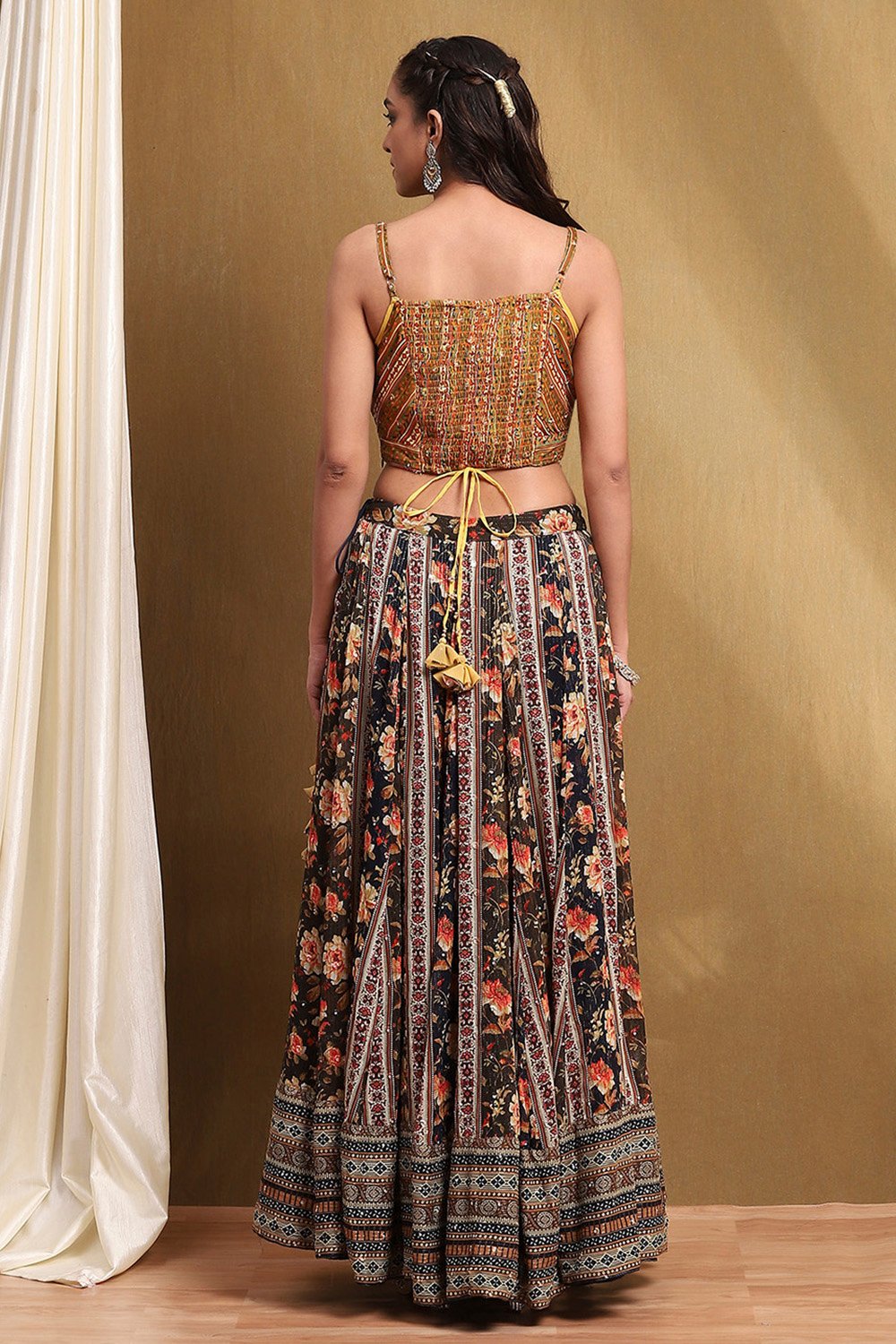 Navy Viscose Blend Lehenga Set  image number 4