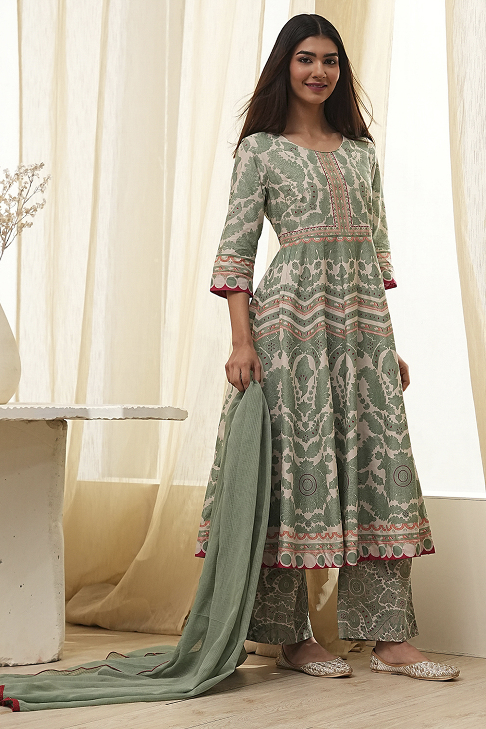 Green Cotton Printed Anarkali Suit Set image number 6