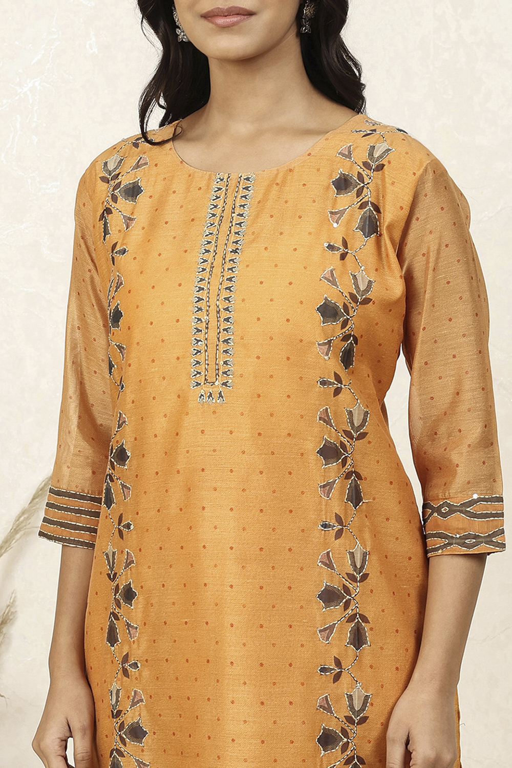 Yellow Chanderi Printed  Embroidered Unstitched Suit Set image number 2