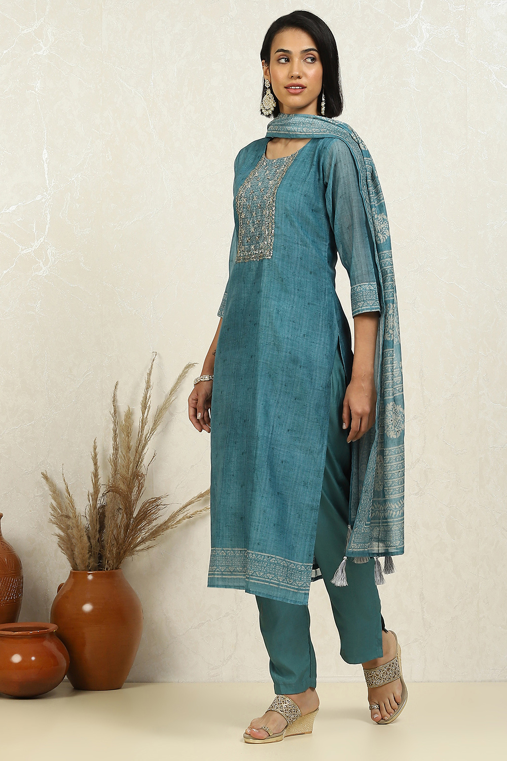 Blue Chanderi Hand Embroidered Unstitched Suit Set image number 6