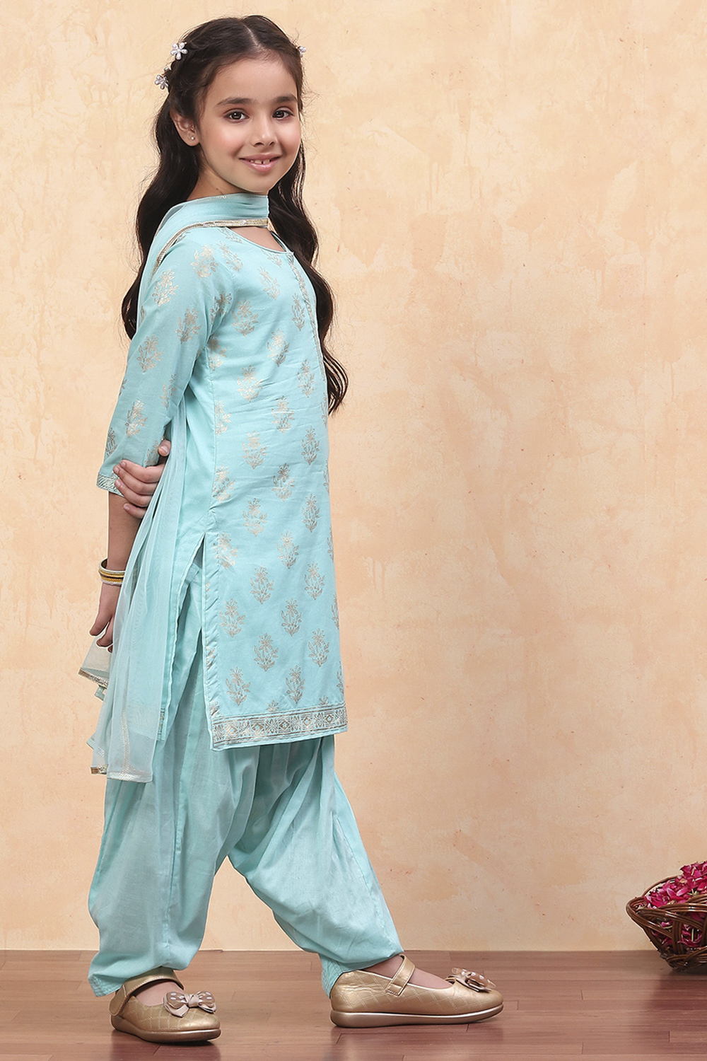 Turquoise Cotton Straight Printed Kurta Patiala Salwar Suit Set image number 5