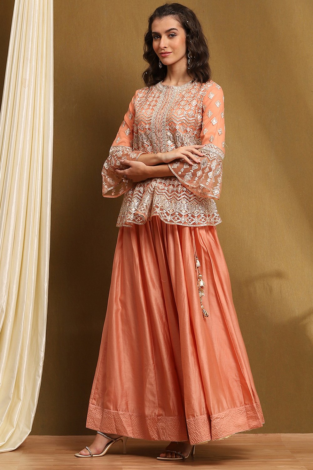 Peach Net Embroidered Peplum Kurta Lehenga Set image number 3