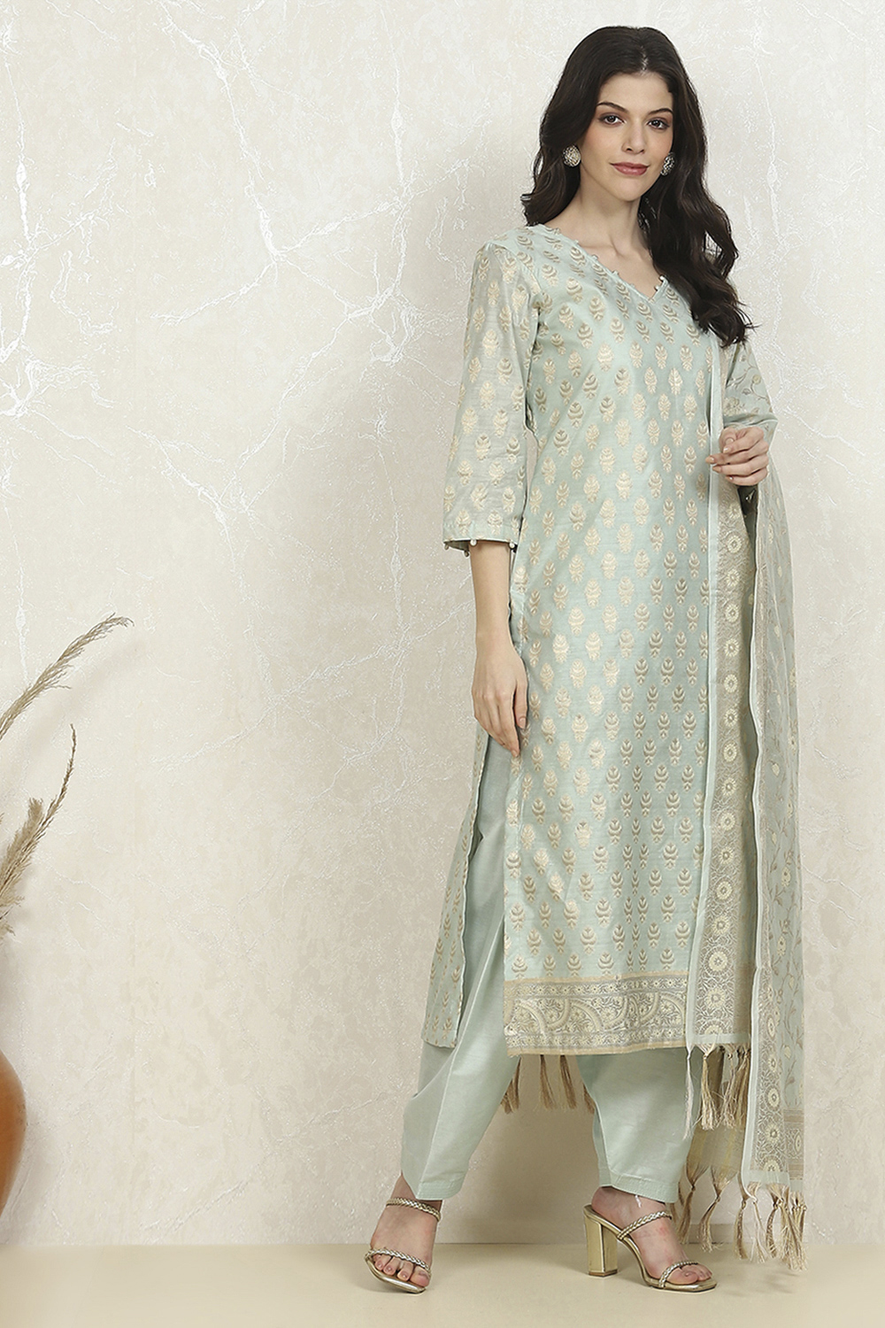 Peach Art Silk Woven Unstitched Suit Set image number 6