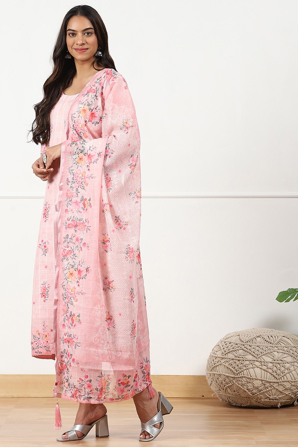 Beige Linen Floral Printed Unstitched Suit Set image number 6