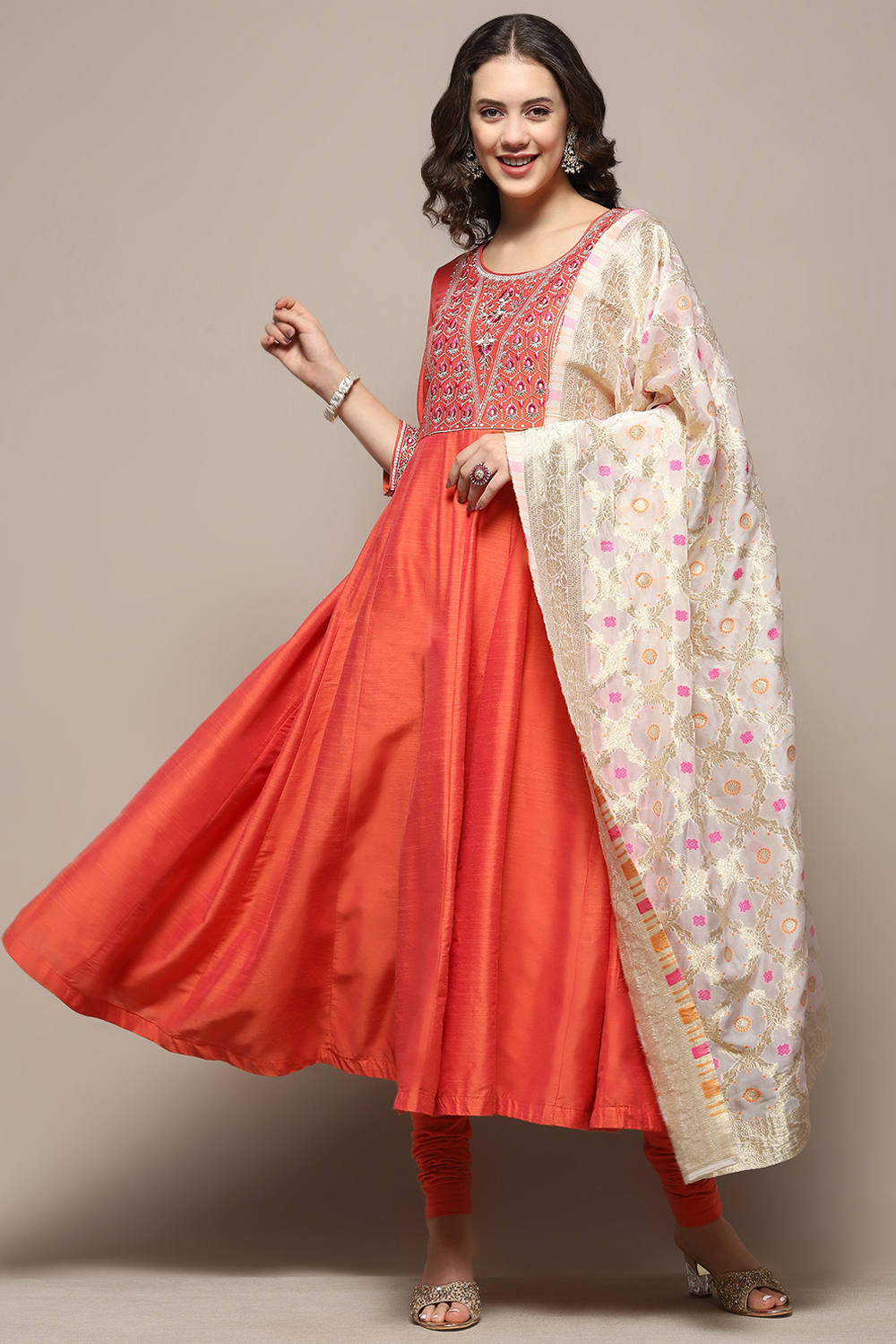 Orange Embroidered Detail Festive Anarkali Suit Set image number 0