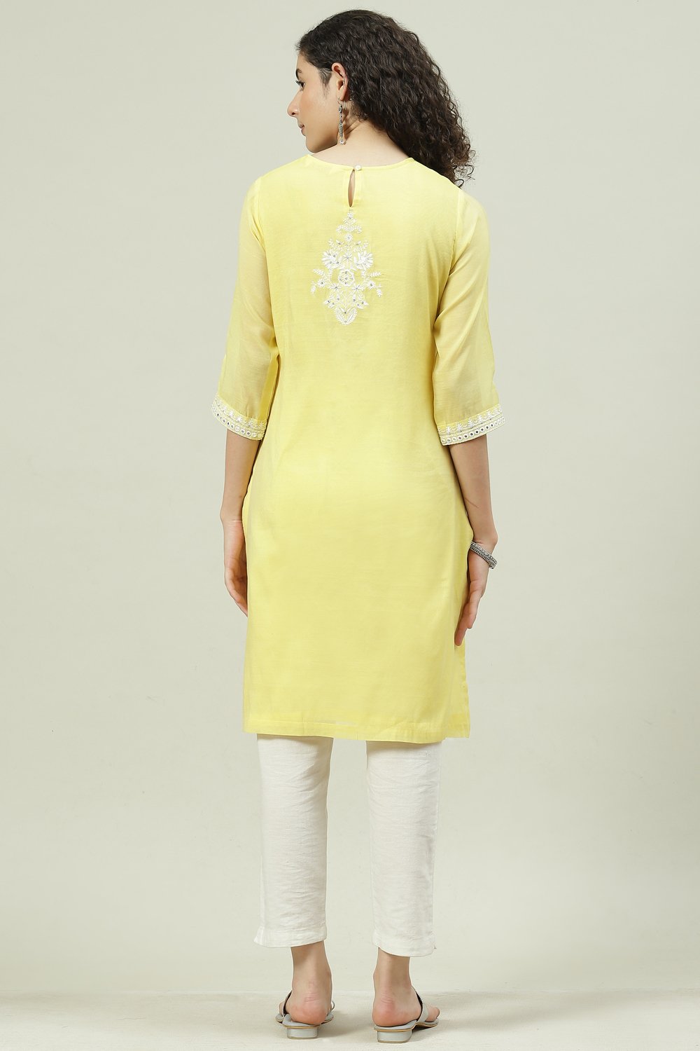 Beige Art Silk Straight Embroidered Kurta image number 4