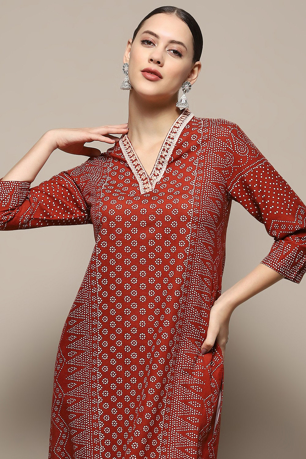 Cream-coloured Printed Regular Fit Straight Kurta image number 1