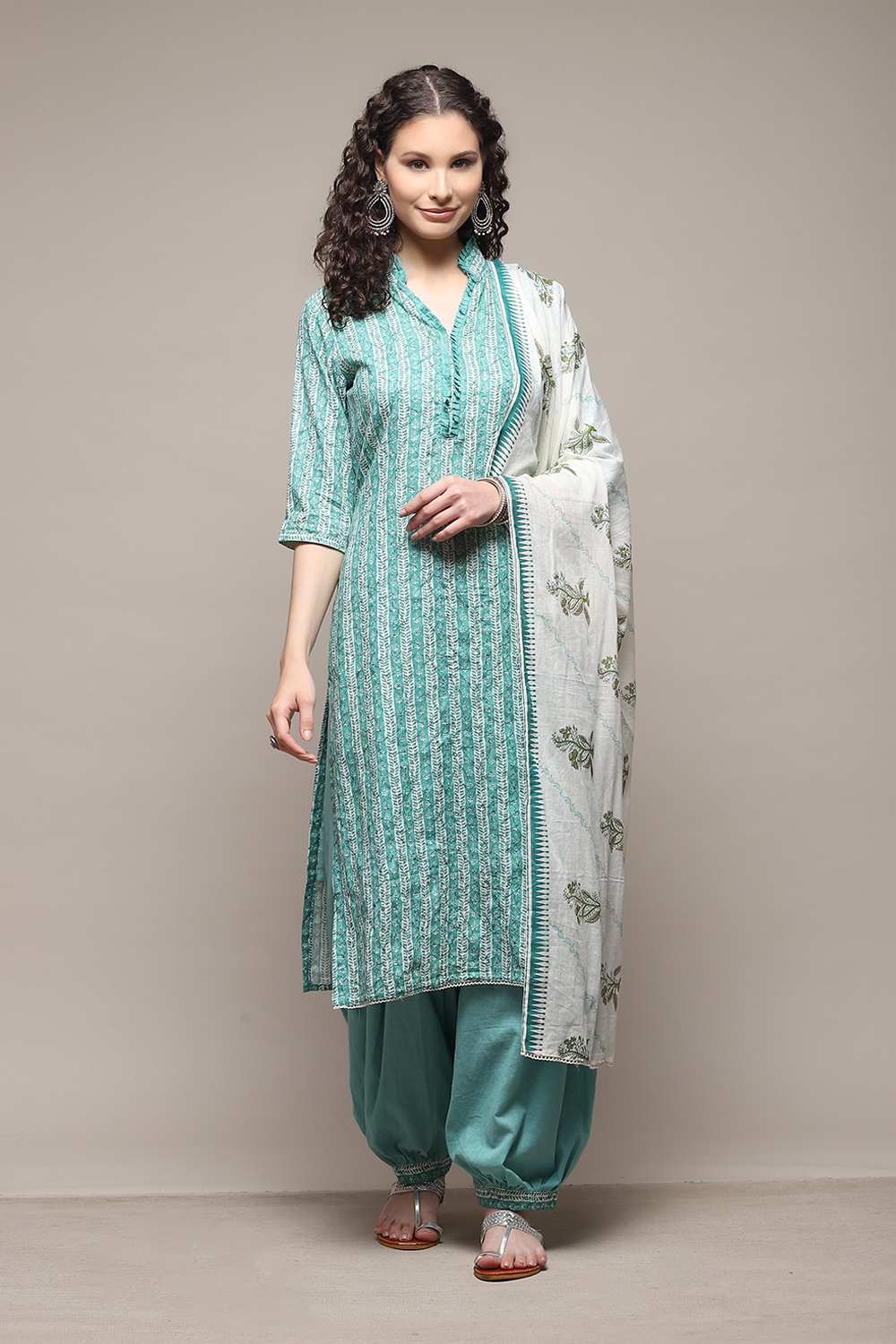 Green Cotton Printed Unstitched Suit Set image number 1