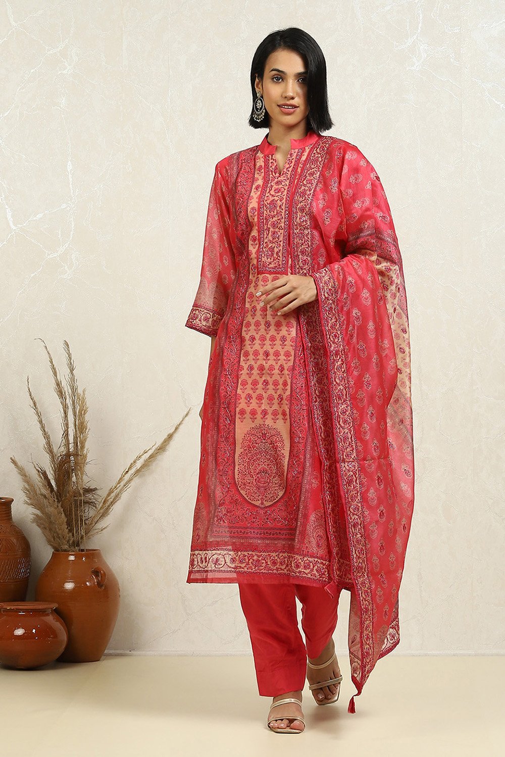 Pink Chanderi Printed Embroidered Unstitched Suit Set image number 7