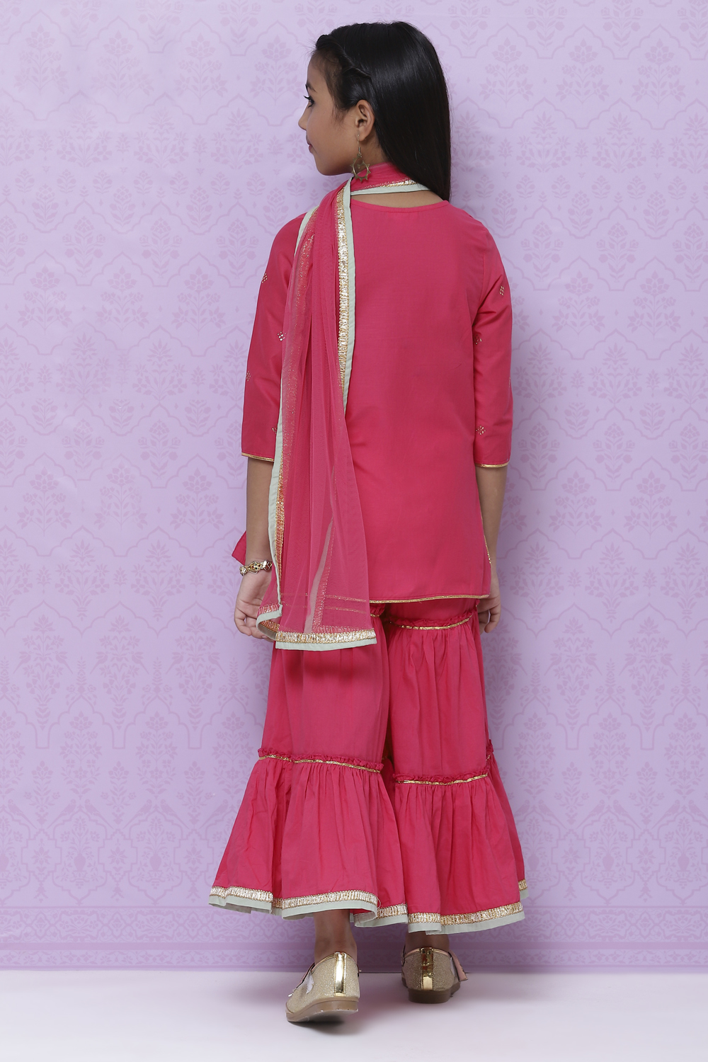 Fuchsia Cotton Girls Straight Kurta Sharara Suit Set image number 7