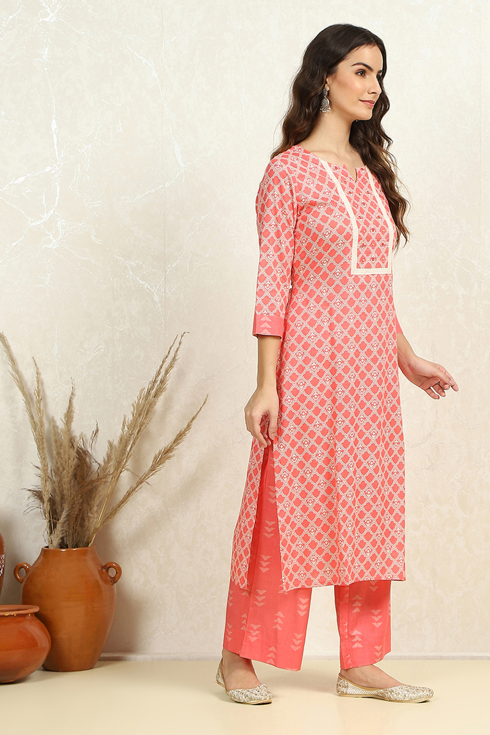 Pink Cotton Hand Block Print Unstitched Suit Set image number 6