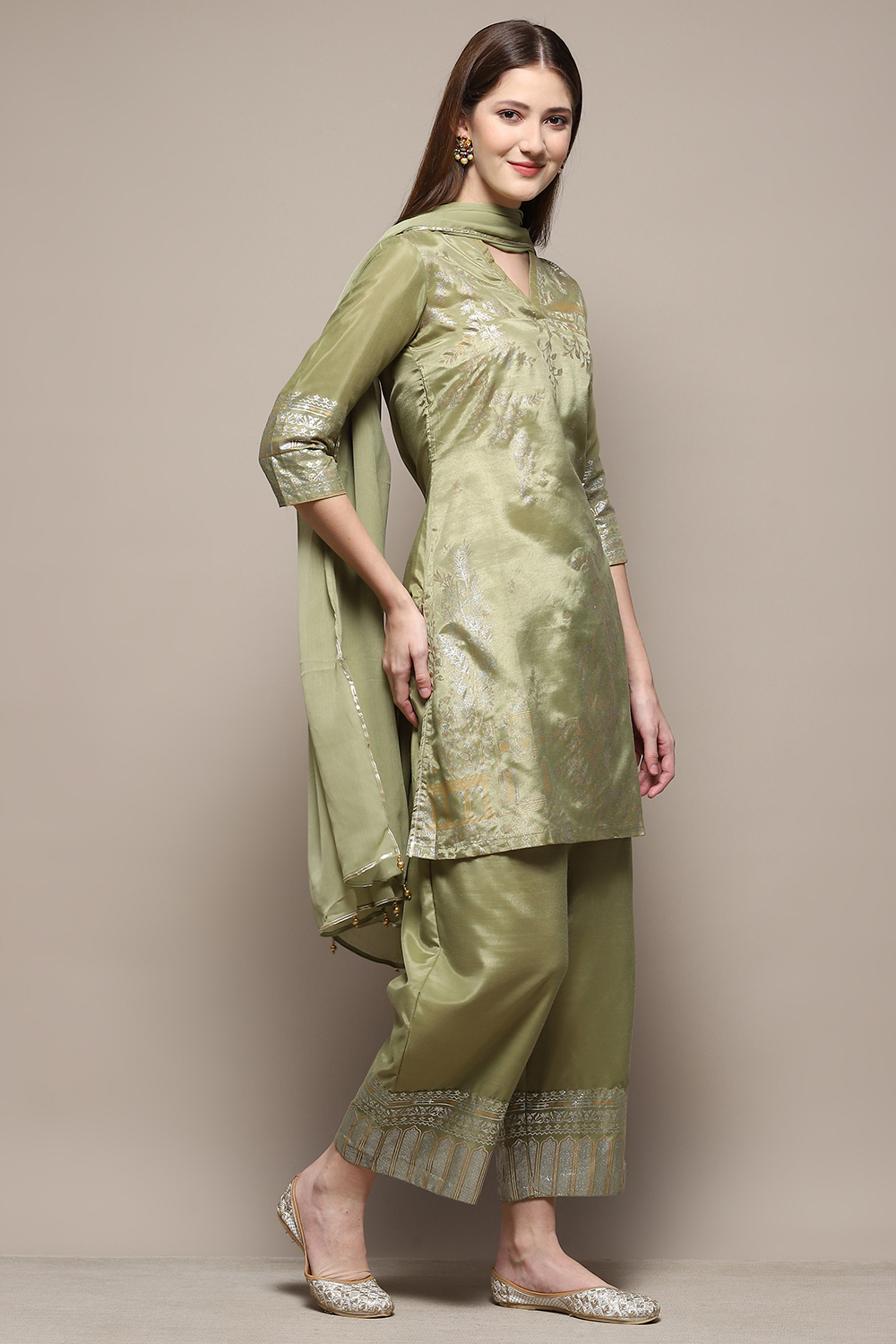 Sage Green Art Silk Straight Kurta Palazzo Suit Set image number 6