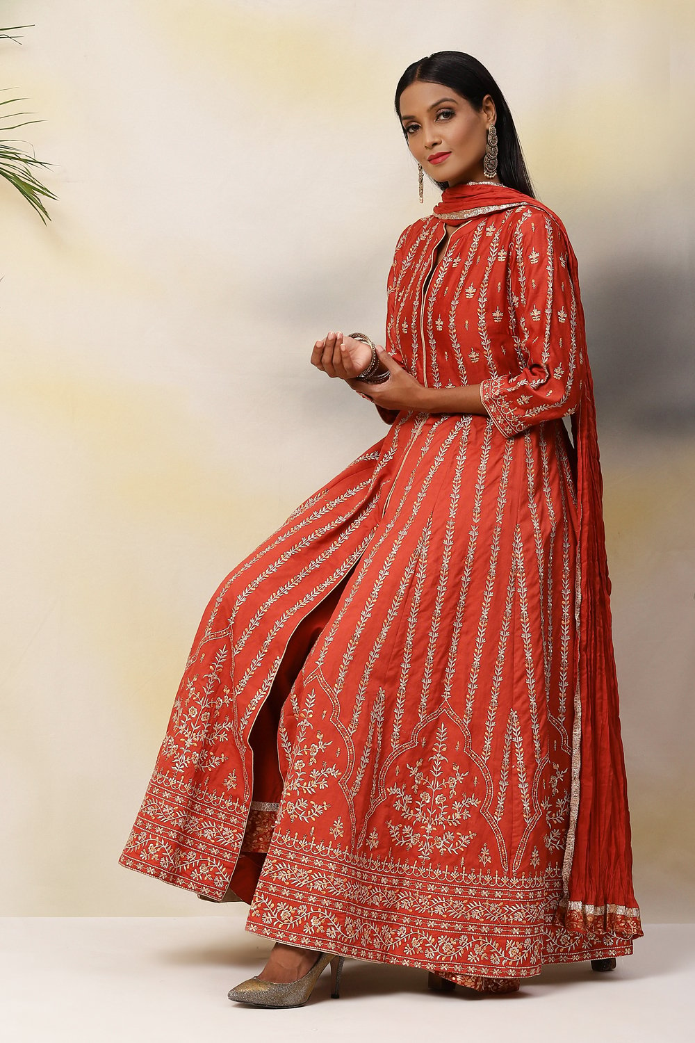 Terracotta Cotton Silk Anarkali Kurta Sharara Suit Set image number 0