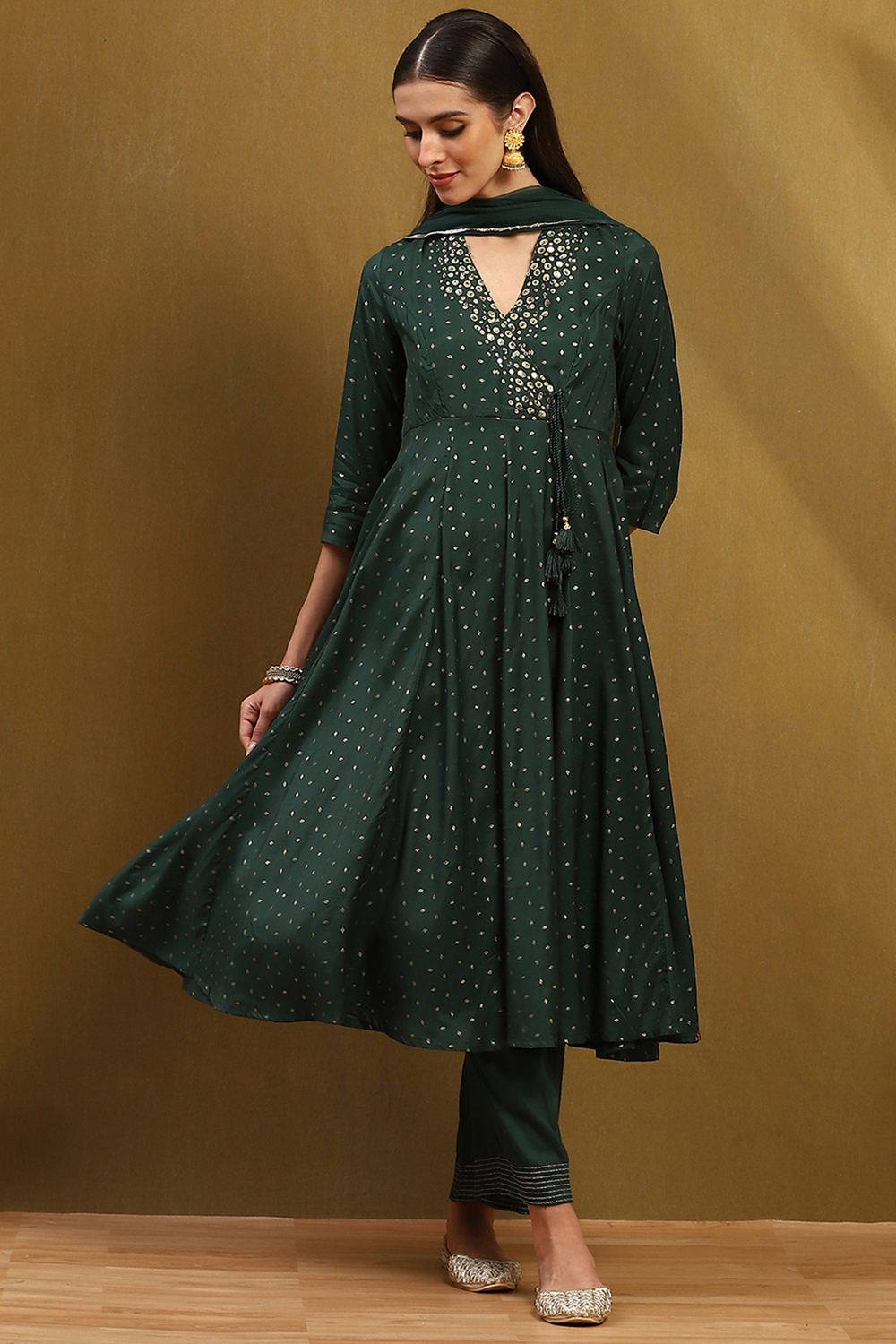 Dark Green Shantoon Anarkali Suit Set image number 7