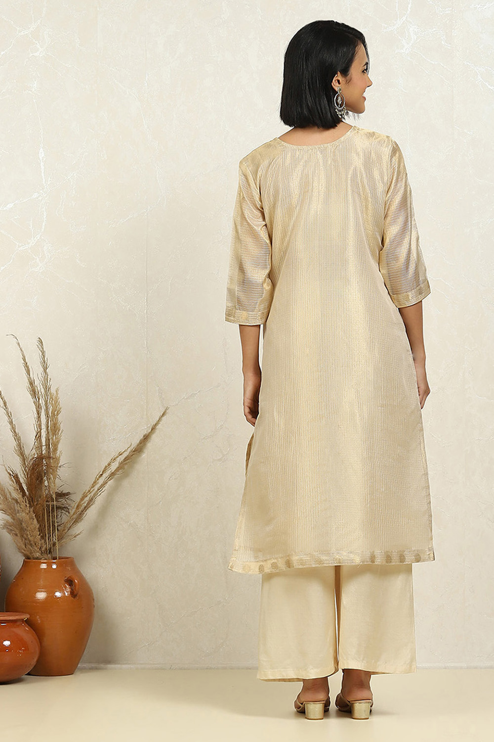 Beige Tissue Woven Design Unstitched Suit Set image number 5