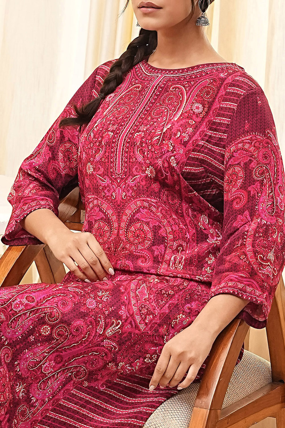 Burgundy Crepe Printed Straight Kurta Set image number 1