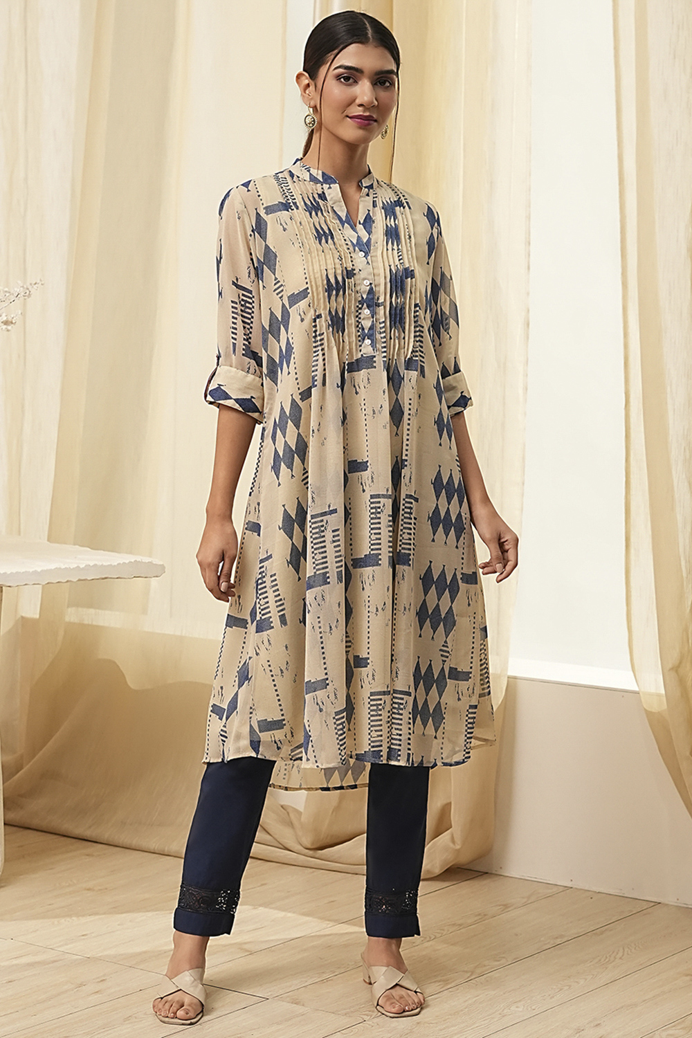 Beige Printed A-Line Kurta image number 5