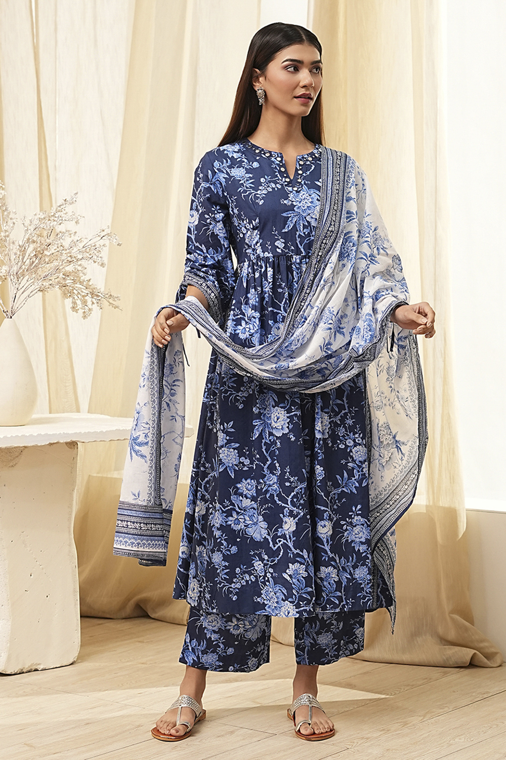 Indigo Pure Cotton Floral Gathered Suit Set image number 5