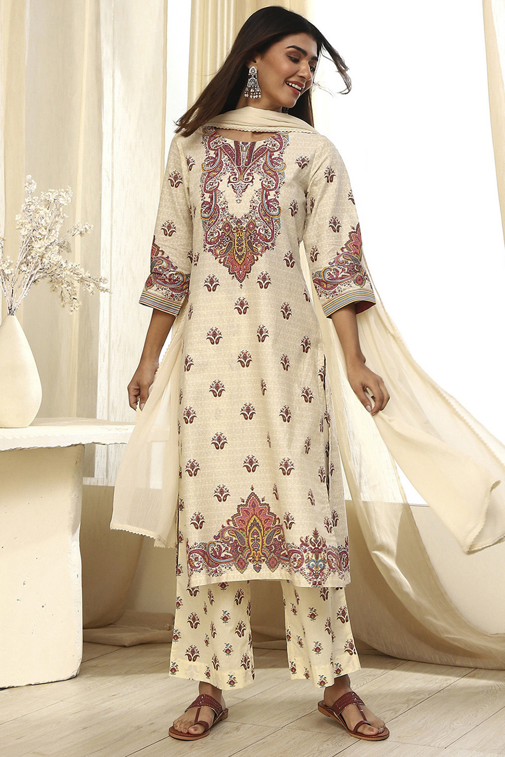 Beige Pure Cotton Printed Straight Suit Set image number 6