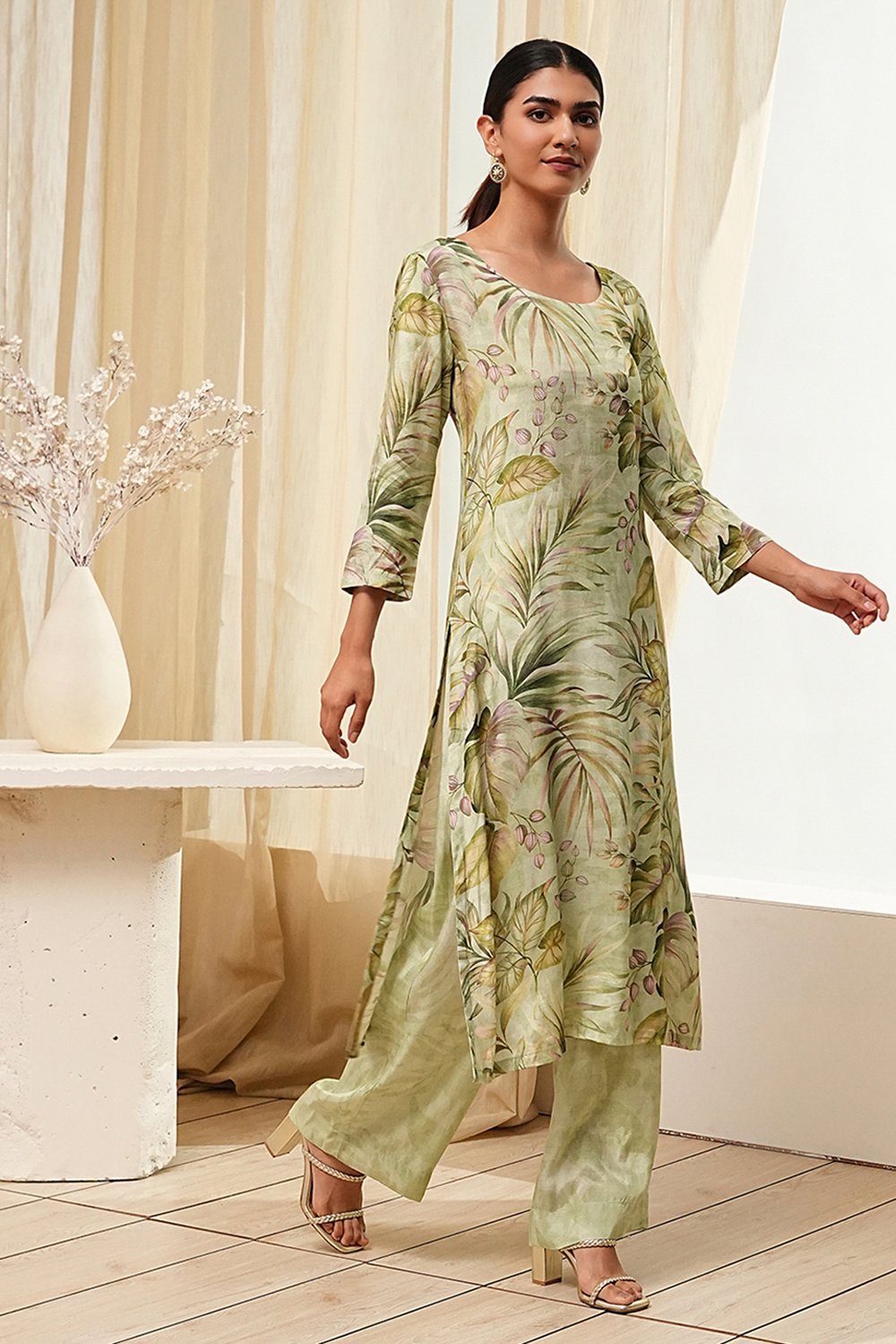 Green Modal Floral Printed Straight Kurta Set image number 6